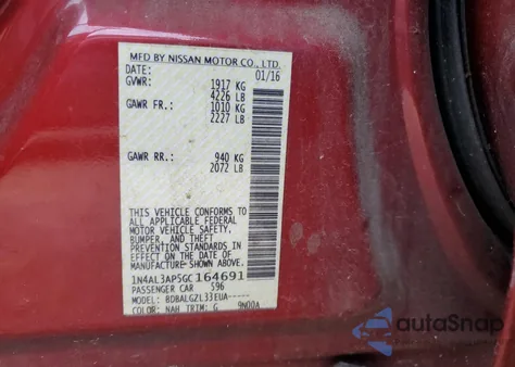 2016 Nissan Altima 2.5 z USA, uszkodzony, nr VIN 1N4AL3AP5GC164691